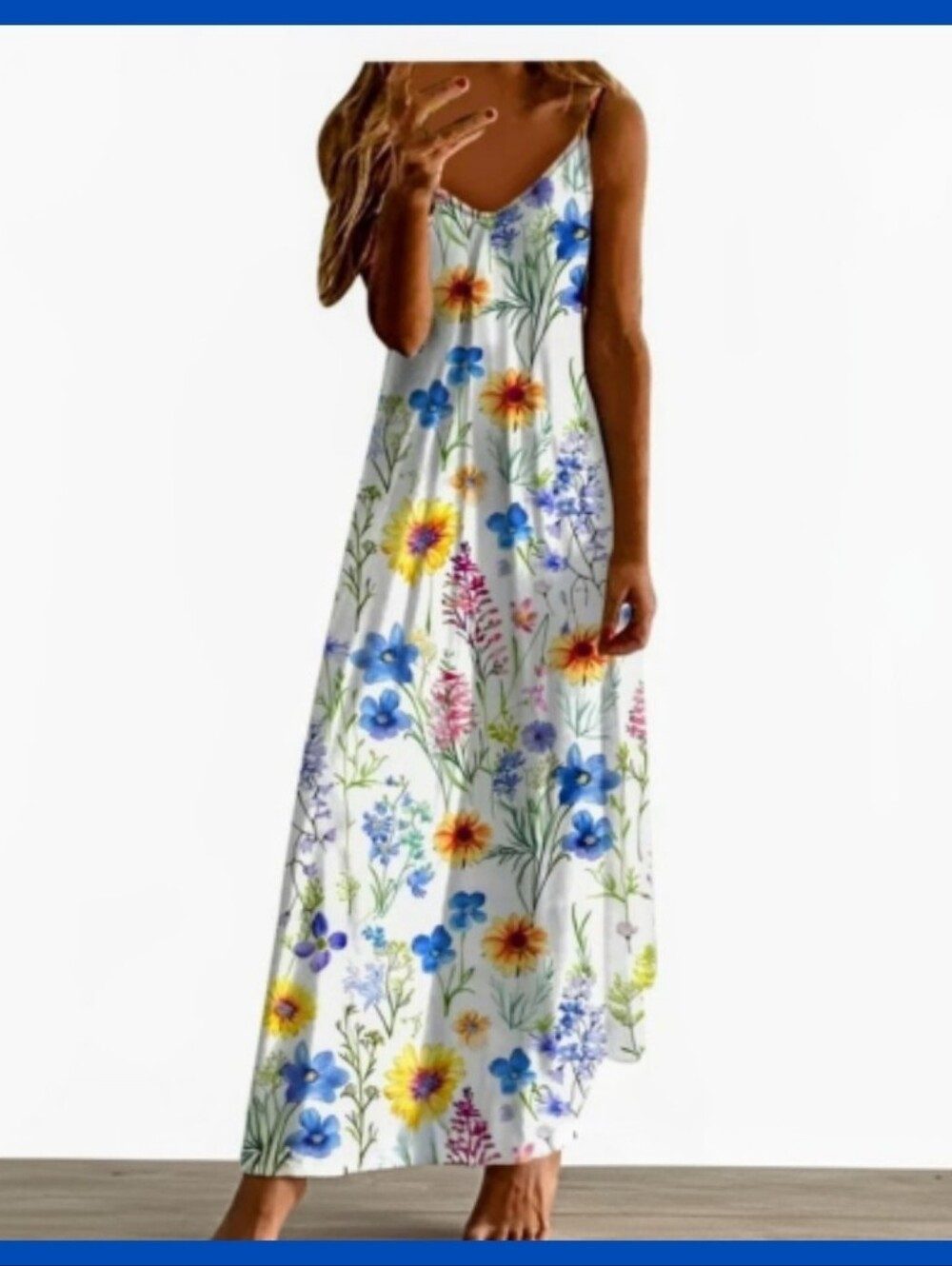 Summer Cami Maxi Dress White  Blue Floral Sleeveless Maxi Dress Beach Casual